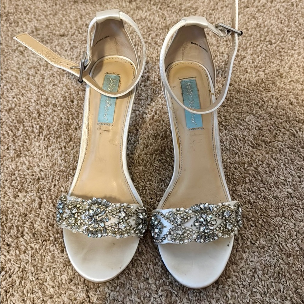 Bridal edition Betsy Johnson Ivory Satin embellished wrap heels.